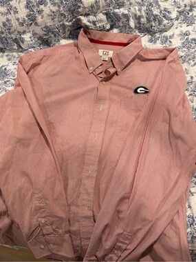 Cutter & Buck Men's Red-Pink Button-Down Dress Shirt with Patch